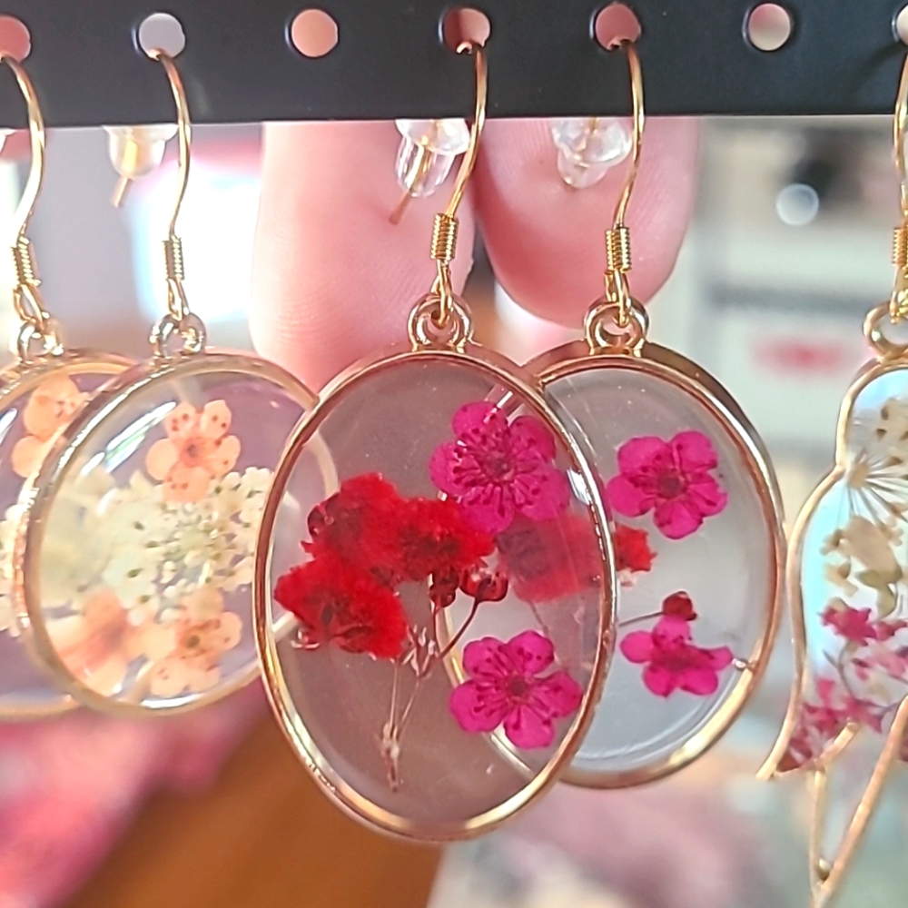 Red/fushia Pressed Flower Earrings Oval
